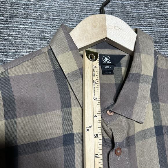 Volcom Shirt Men's Large Brown Plaid Long Sleeve Button Up - Picture 7 of 14